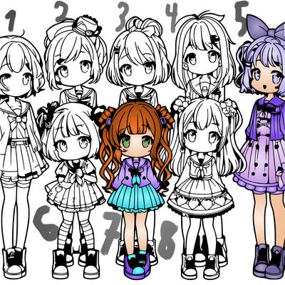 6 cute anime girls lined up