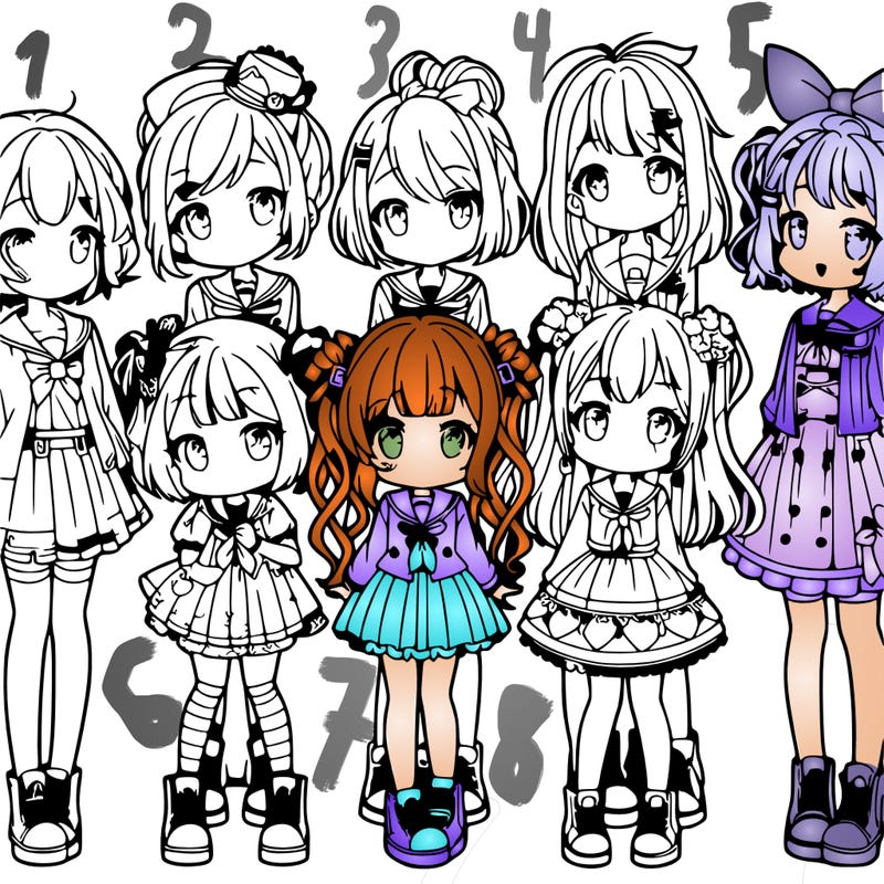 6 cute anime girls lined up