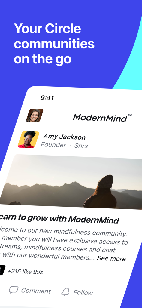 A smartphone screen displaying a post from a mindfulness community called ModernMind within the Circle Communities app