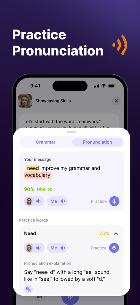JustSpeak – AI English Tutor - JustSpeak mobile app interface for practicing English pronunciation with AI feedback and phonetic tips.