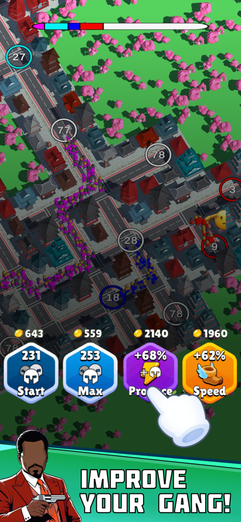 Captura de pantalla de la jugabilidad de Gang.io mostrando la captura de territorio y las opciones de mejora de pandillas