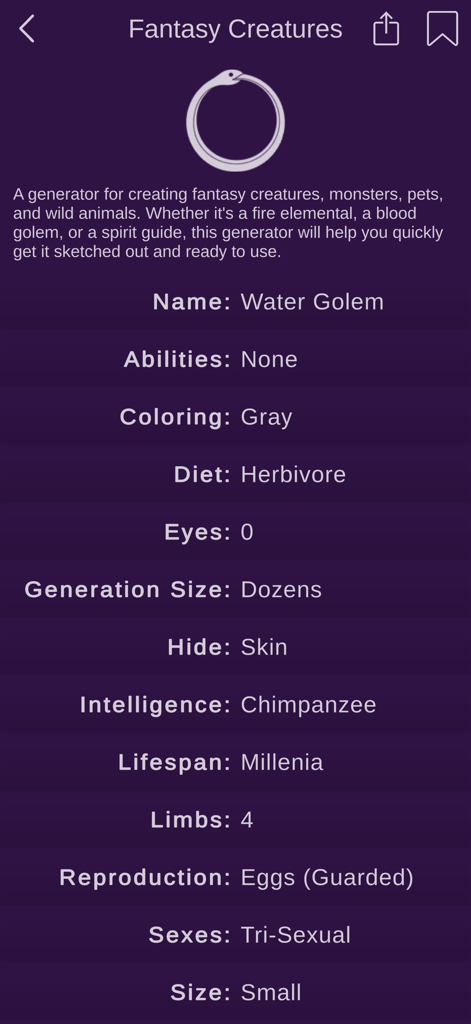 Fantasy Writer's Companion - Ein Screenshot der Fantasy Writer's Companion App, der eine generierte Wasser-Golem-Kreatur mit detaillierten Eigenschaften zeigt.