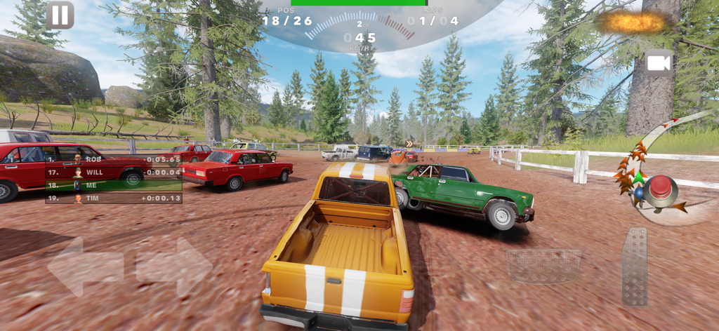 Action scene from Derby Madness featuring a yellow pickup truck and car collisions on a dirt track