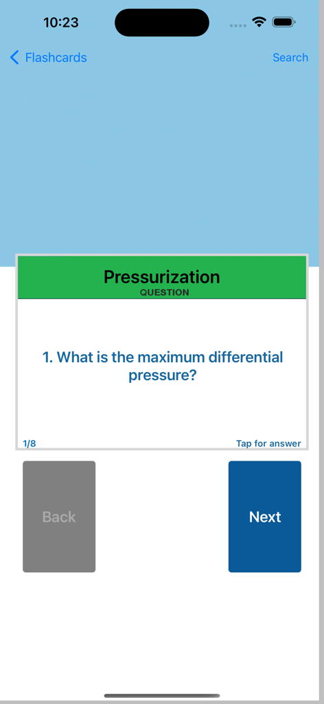 iBOEING Type Rating Prep - A Boeing type rating study flashcard asking about maximum differential pressure for aircraft pressurization systems.