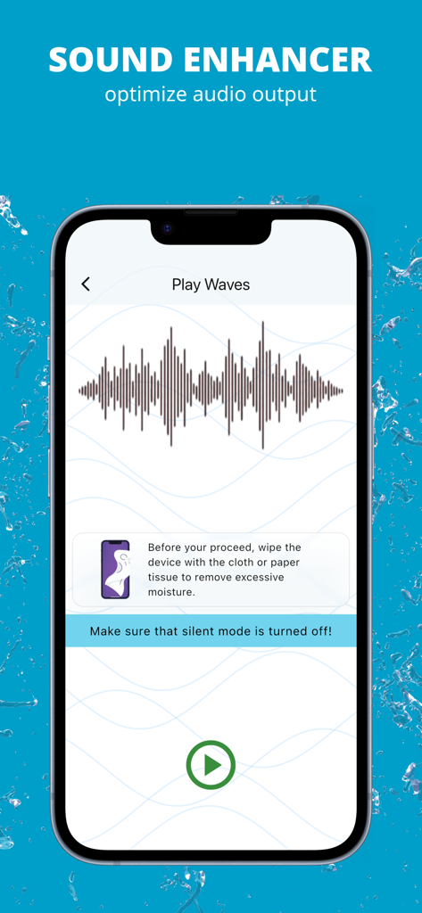 Water Eject - Snd Wave 432 Hz - Mobile app interface showing sound wave visualization and a play button to eject water from phone speakers.