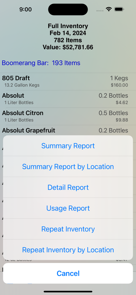 BarkeepApp inventory report selection screen showing options for summary detail and usage reports