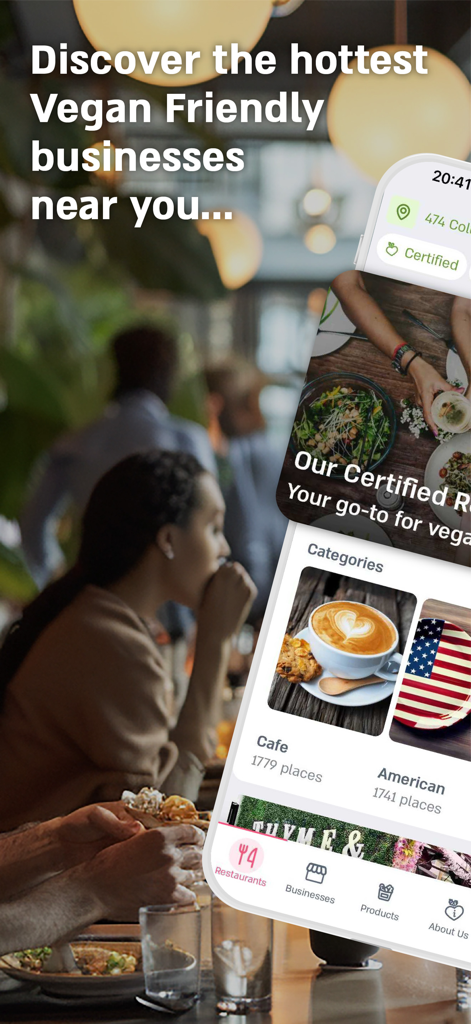 Vegan Friendly - Vegan Friendly app showing restaurant categories like Cafe and American on a smartphone screen.