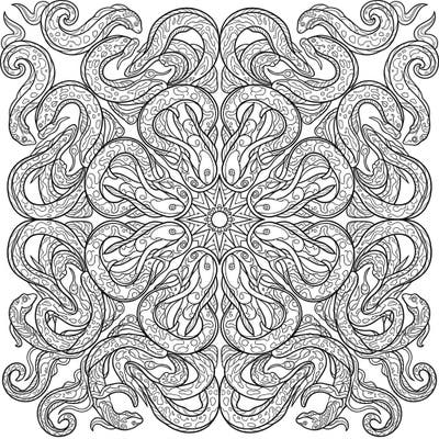 Explore the mesmerizing depths with this unique marine eel mandala coloring page. Its intricate patterns, featuring majestic eels intertwined in perfect symmetry, offer a relaxing and engaging artistic challenge for all ages.