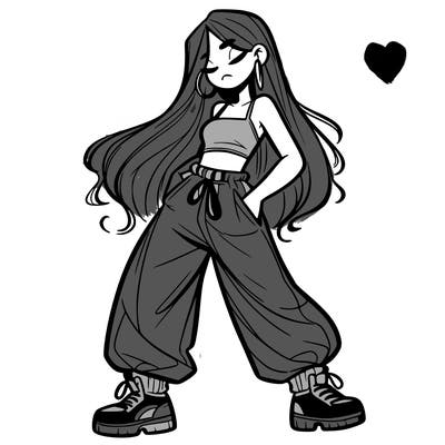 girl in baggy pants crop top and long hair
