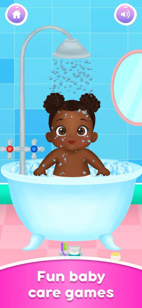 Una linda niña bebé tomando un baño de burbujas bajo una ducha en un simulador de guardería