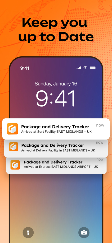 Schermata di blocco dell'iPhone che mostra diverse notifiche push di consegna in tempo reale dall'app My Parcel Delivery Tracker