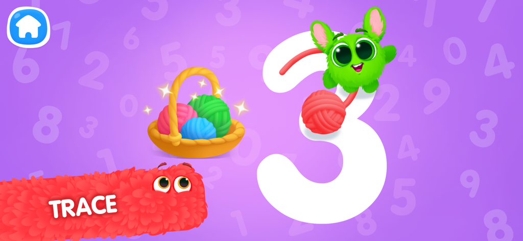 Educational math game screen showing a character tracing the number three with yarn