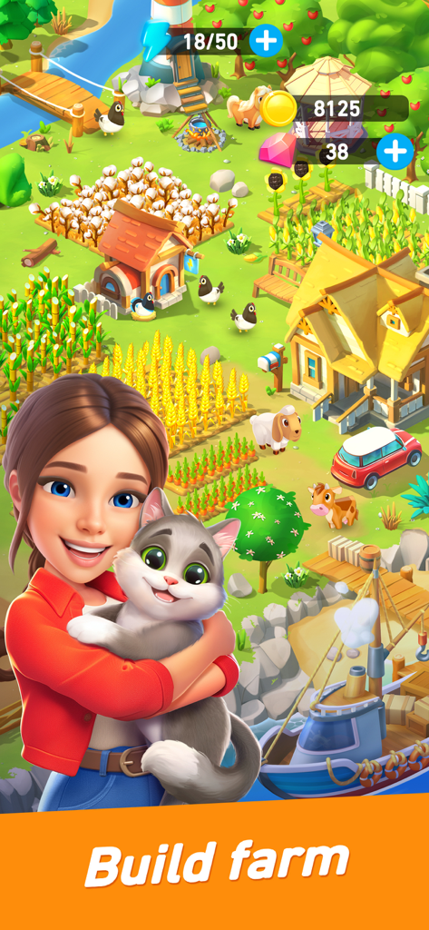 Goodville: Farm Game Adventure - A cheerful woman hugging a cat in front of a colorful farm landscape with the text Build farm