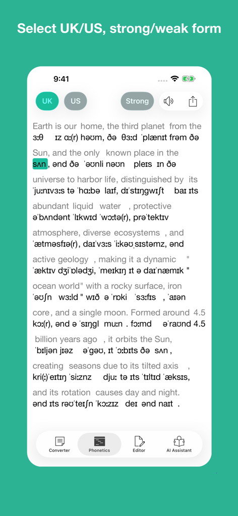 Interface of the English to Phonetics Converter app displaying a text about Earth converted into phonetic symbols with UK and US pronunciation toggles.