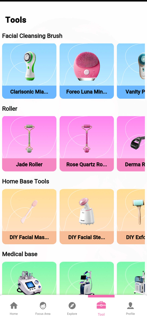 A menu of facial skincare tools including cleansing brushes and jade rollers inside the Face Yoga app.
