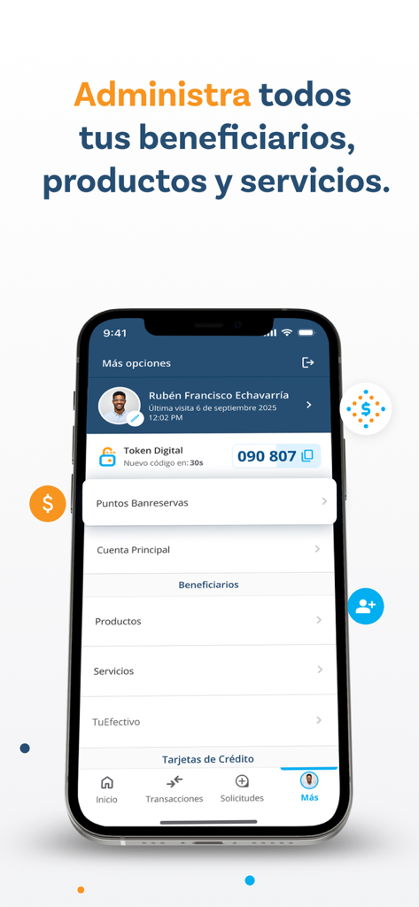 Banreservas - Écran de l'application mobile Banreservas montrant le profil de l'utilisateur et les options de gestion de compte, y compris le jeton numérique et les services bancaires