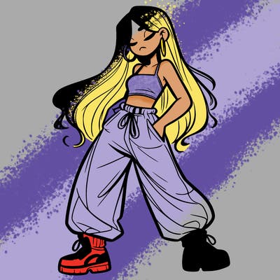 girl in baggy pants crop top and long hair