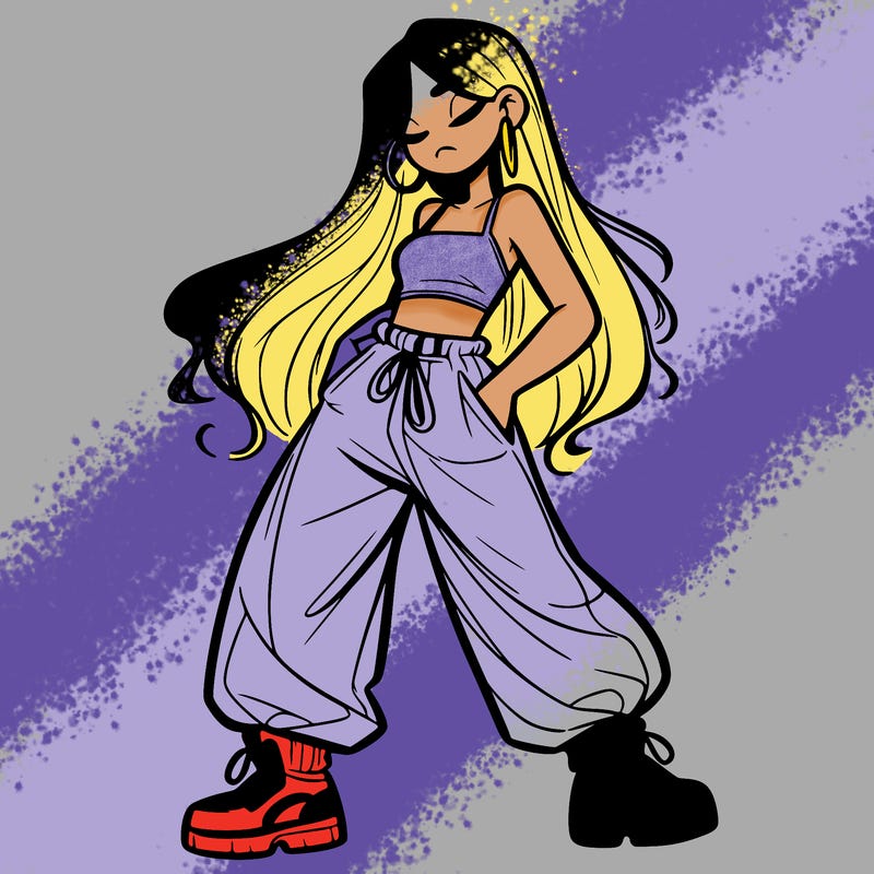 girl in baggy pants crop top and long hair