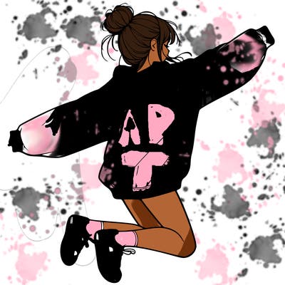 realistic girl jumping with a bun and oversized sweatshirt