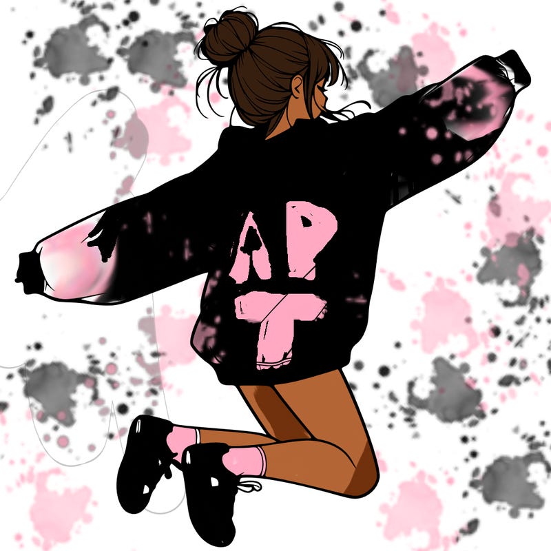 realistic girl jumping with a bun and oversized sweatshirt