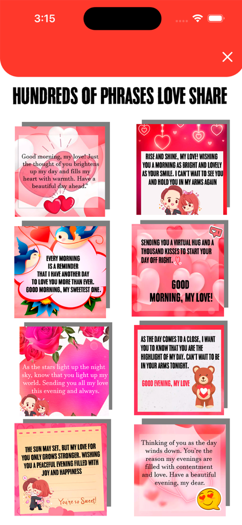 Love messages Love quotes - A collection of colorful romantic cards with morning and evening messages to share