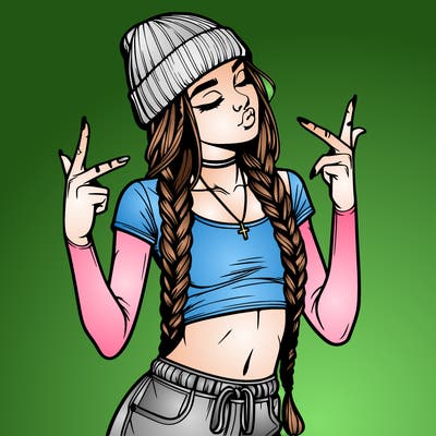 realistic teenage girl with braids and a beanie and crop top doing 🫶🏼