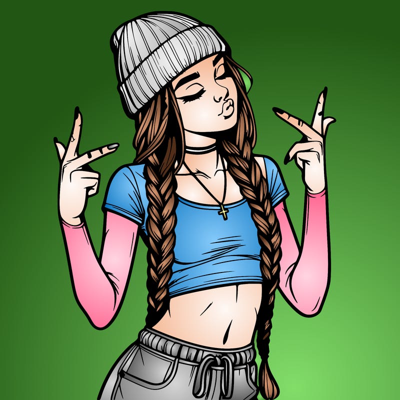 realistic teenage girl with braids and a beanie and crop top doing 🫶🏼