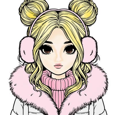 realistic girl with buns on her head wearing fur coat and earmuffs