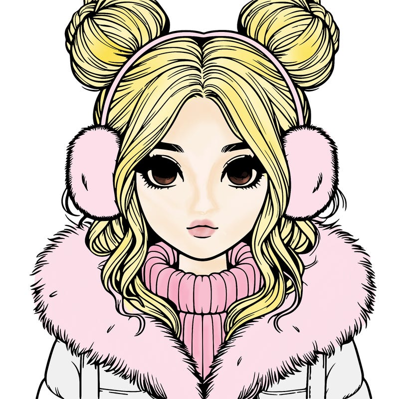 realistic girl with buns on her head wearing fur coat and earmuffs