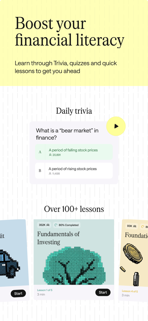 Mine app interface showing financial trivia and educational investing lessons
