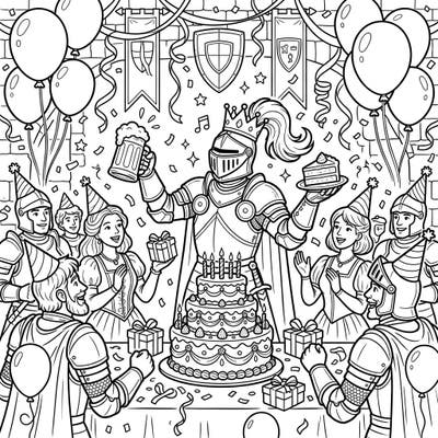Step into a whimsical medieval world with this delightful coloring page, capturing a valiant knight errant celebrating his birthday. Surrounded by friends and festive decorations, it’s an enchanting scene perfect for hours of creative fun.