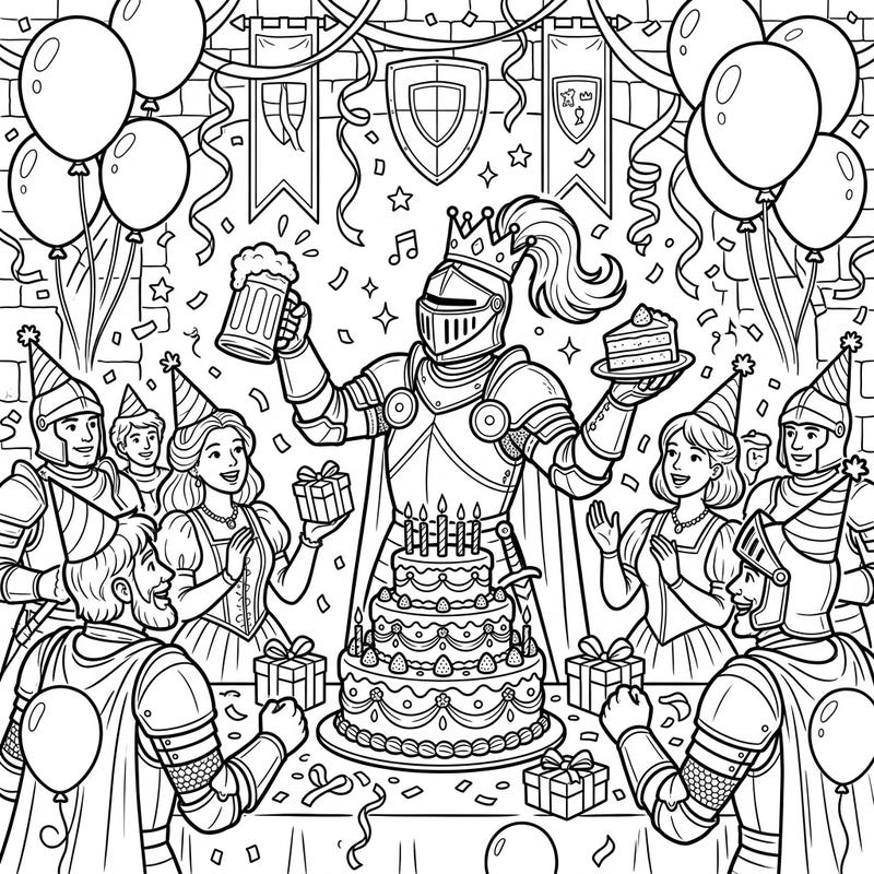 Step into a whimsical medieval world with this delightful coloring page, capturing a valiant knight errant celebrating his birthday. Surrounded by friends and festive decorations, it’s an enchanting scene perfect for hours of creative fun.