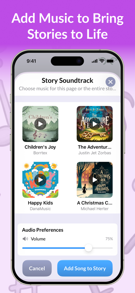 My Story Kids' Storybook Maker - Selecting a soundtrack for a story in the My Story kids app.