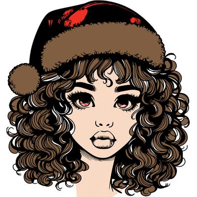 realistic girl with a santa hat curly hair and lips