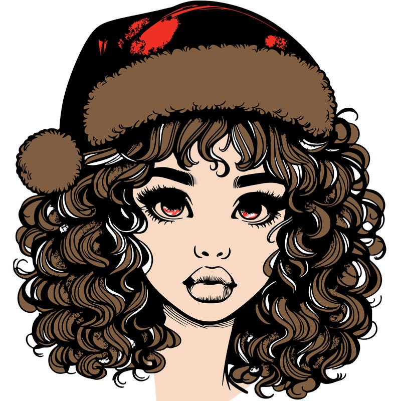 realistic girl with a santa hat curly hair and lips