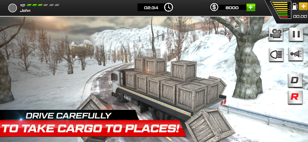 Cargo Dump Truck Driving Pro - Cargo truck carrying wooden crates on a snowy mountain road in a driving simulator game