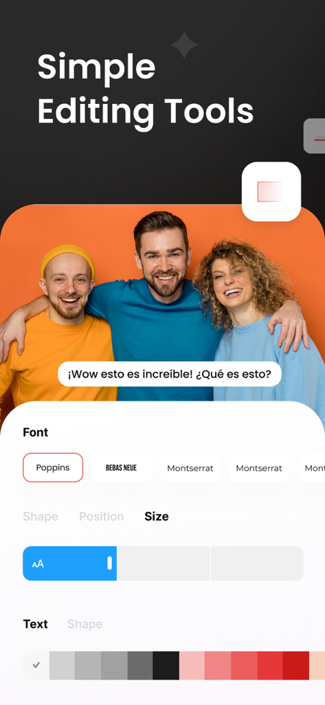 Translate Video: Subtitles - Interface of the Translate Video app showing subtitle customization options for fonts, size, and text color.