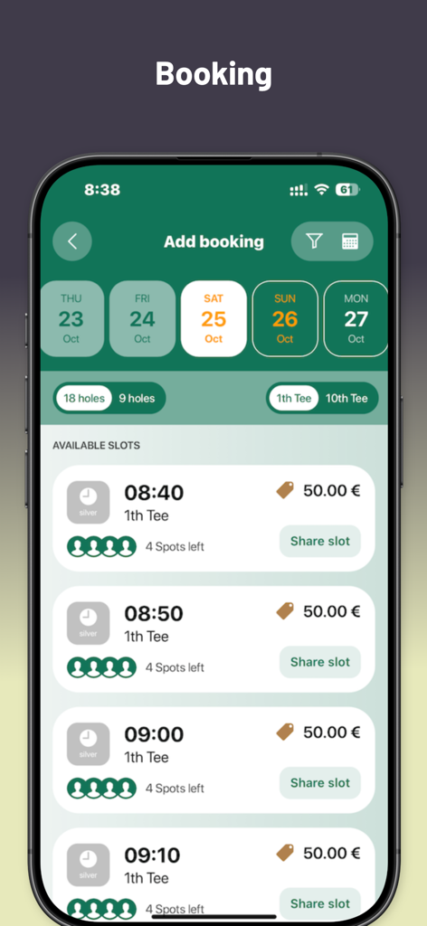 The Golf App | All-in-one - Mobile app screen for booking golf tee times showing available slots and prices