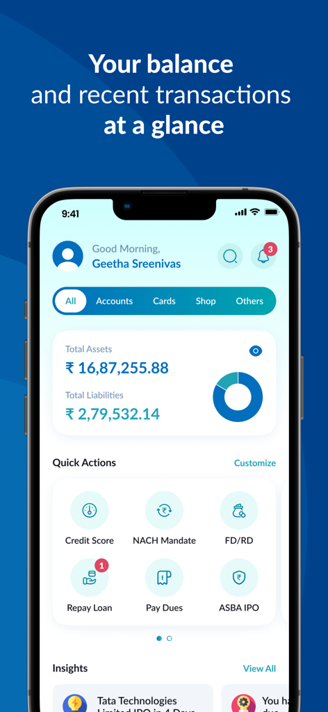 IOB Connect mobile banking app dashboard showing account assets and liabilities