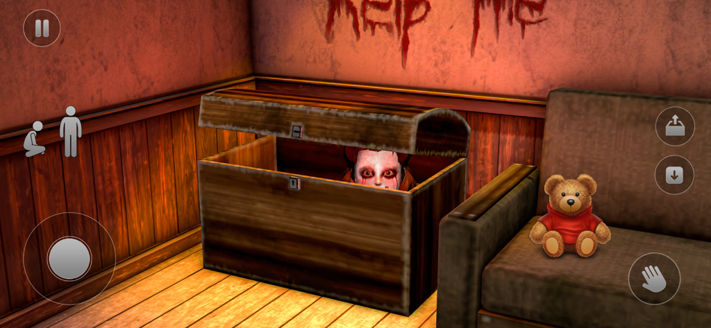 Scary Doll Horror House Game - Creepy doll peeking out of a wooden chest in a haunted room with help me written on the wall