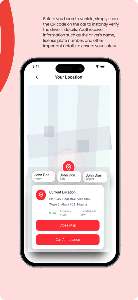 Rescuetap - RescueTap app interface showing live location on a map with an emergency ambulance call button