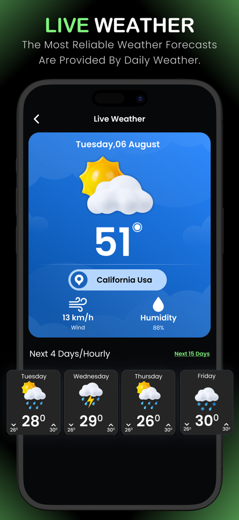 Live Earth Map - Online Camera - Smartphone screen displaying live weather forecast for California with temperature and humidity data
