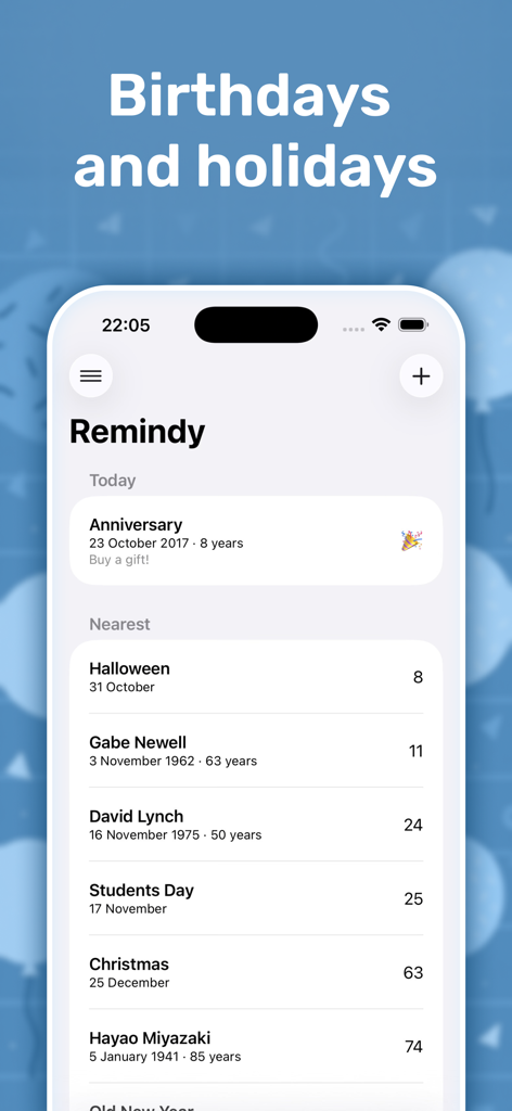 Remindy app interface displaying a minimalist list of upcoming birthdays and holidays like Christmas and Halloween
