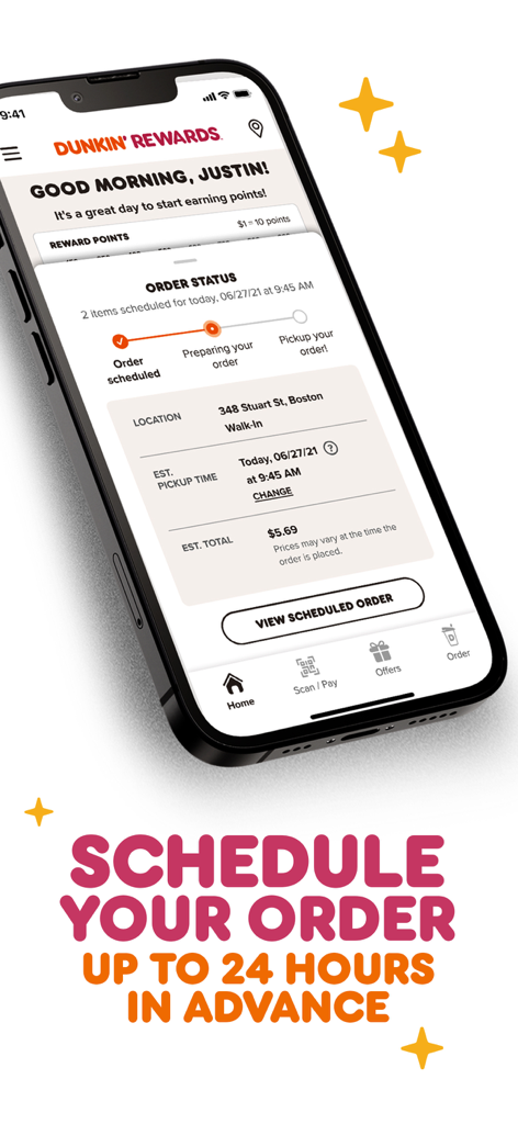 Dunkin' - Dunkin app interface showing a scheduled order status and pickup time details