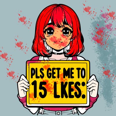 realistic girl holding up a sign that says “pls get me to 15 likes!”