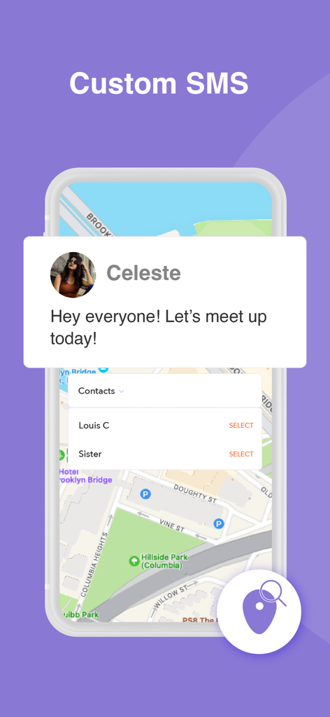 Smartphone screen displaying the custom SMS messaging feature in the Friend Tracker app