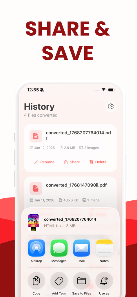 JPG to PDF: Convert Picture to - La pantalla de historial de una aplicación JPG a PDF que muestra archivos convertidos y las opciones de compartir de iOS