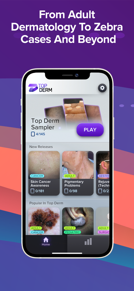 Top Derm App-Startbildschirm mit verschiedenen Dermatologie-Herausforderungskategorien und klinischen Hautbildern
