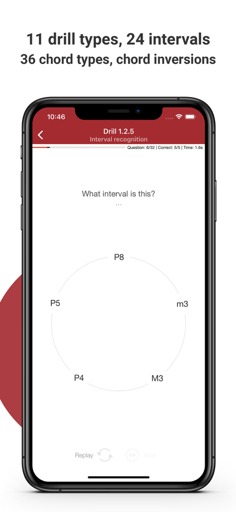 Complete Ear Trainer - Interval recognition drill screen in the Complete Ear Trainer app interface