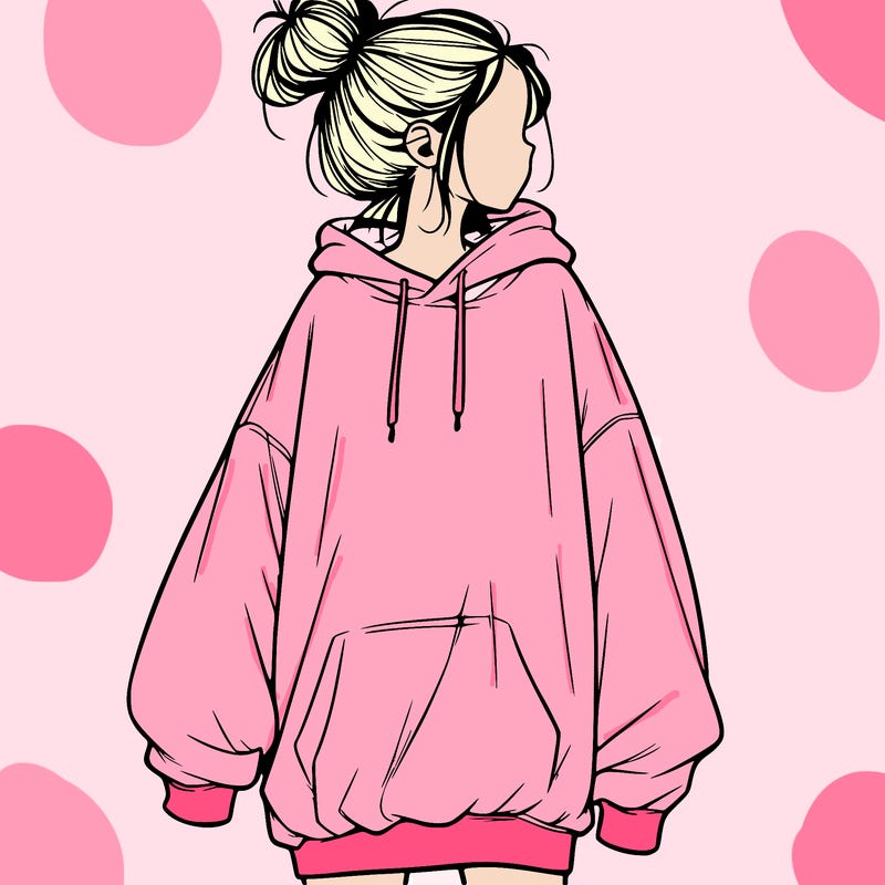 realistic girl with a oversized sweatshirt on and a bun